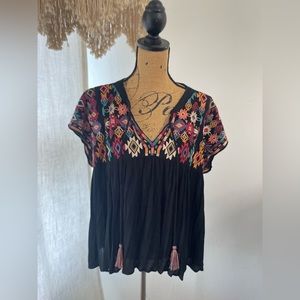 THML embroidered boho blouse short sleeve top